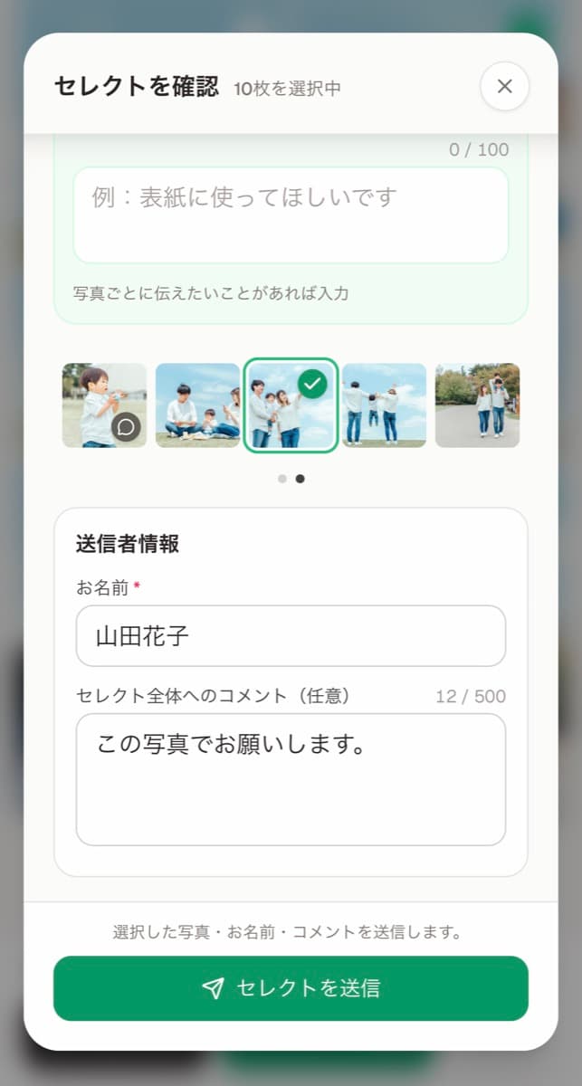 送信者情報とセレクト全体へのコメントを入力する画面