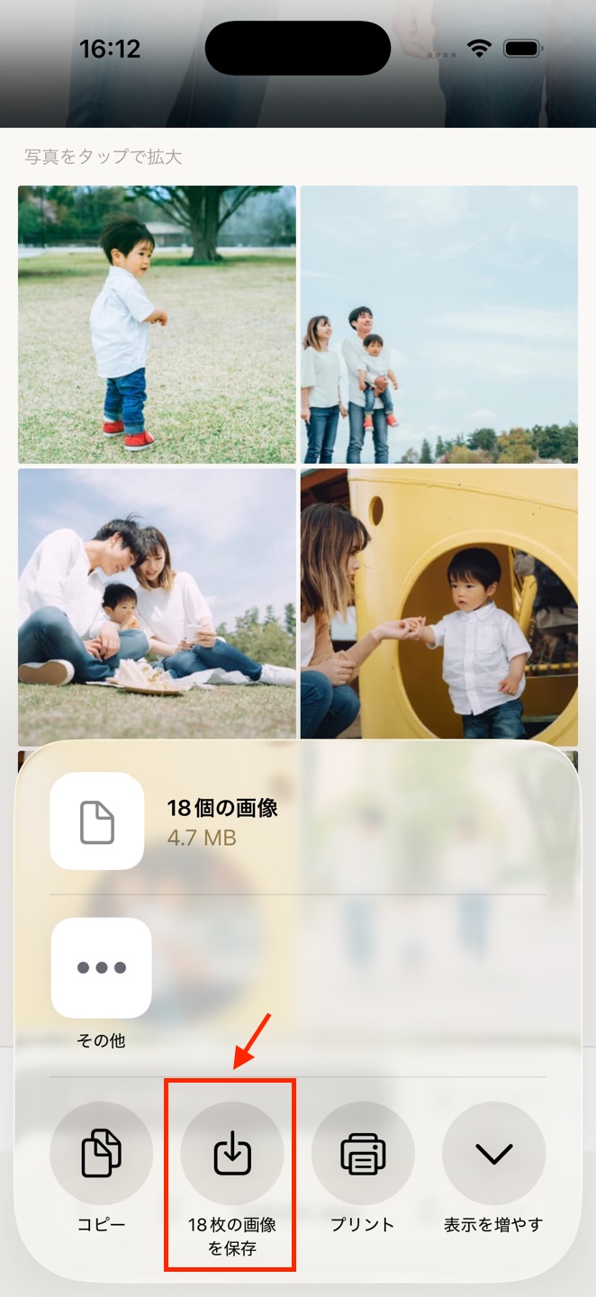 iPhoneの共有画面に表示された、18枚の画像を保存ボタン