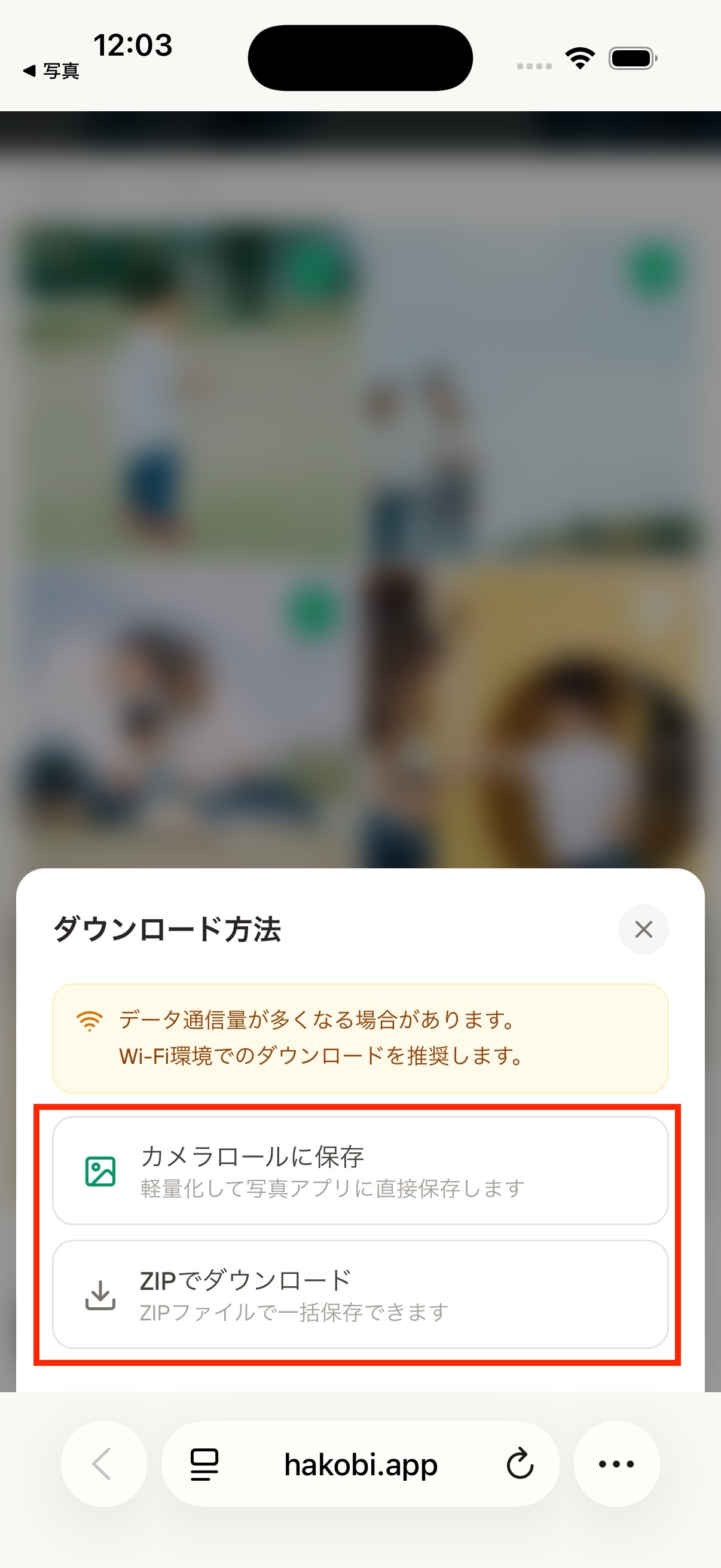 iPhoneでカメラロールに保存またはZIPでダウンロードを選ぶ画面